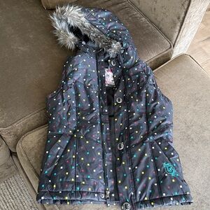 Burton Hooded Sly Puffer Vest Small Black Multicolored Square Pattern